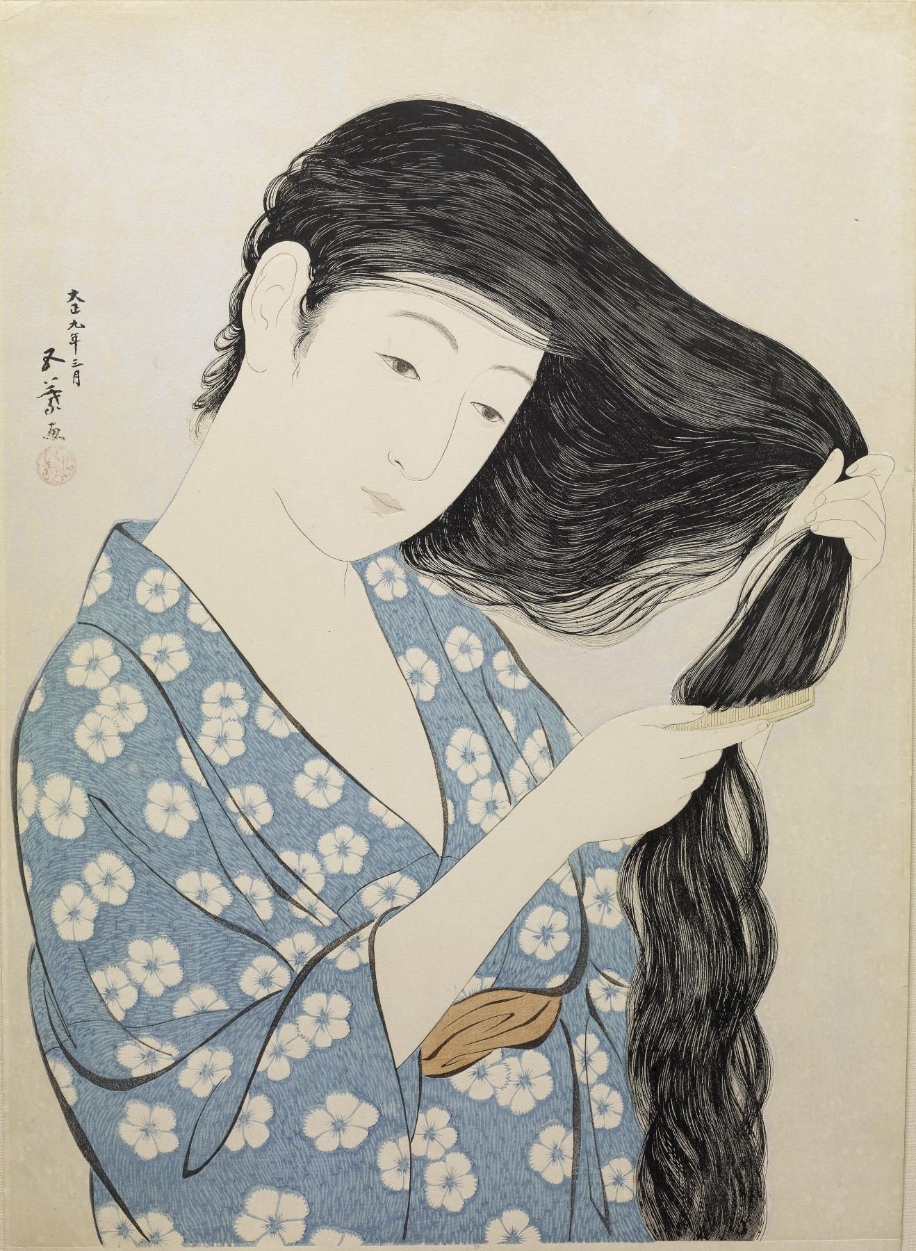 Woman in Blue Combing her Hair Хасигути Гоё